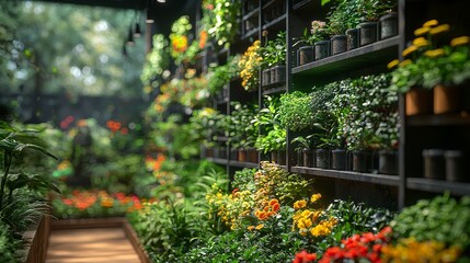 Vibrant indoor garden showcasing a variety of plants and flowers in an enchanting, lush setting
