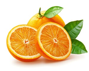 An illustration of cut and whole oranges with green leaves, presented on white background.