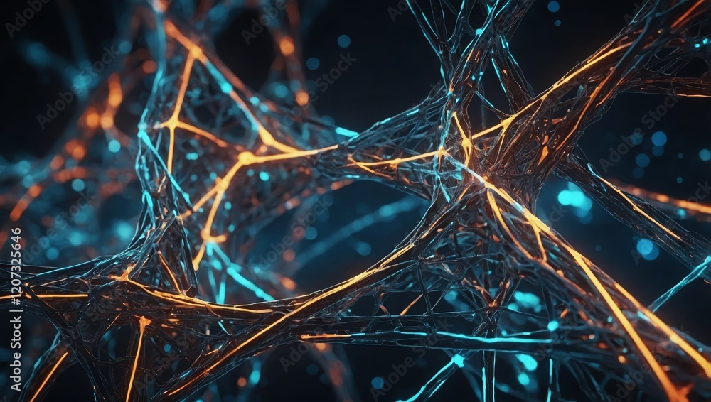 Wall mural a glowing structure of interconnected lines and dots representing molecules, dna, and neurons on a f