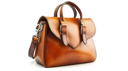A tan leather bag with a flap closure, displayed on a white background. The bag has a shoulder strap and a handle