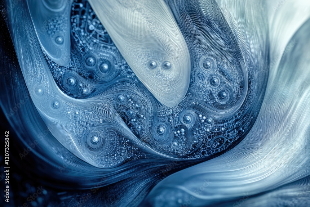 Poster abstract blue artwork with swirling patterns and circular bubbles, creating a mesmerizing visual tex