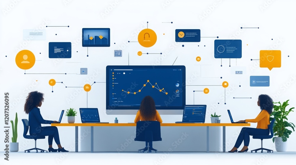 Poster team analyzing data on cloud-based crm software in a modern office environment