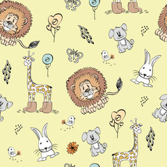 seamless pattern. funny animals, animals, flowers, hearts, giraffe, bear, lion, hedgehog. cartoon characters.