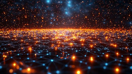 Obraz premium Abstract representation of a vibrant digital landscape filled with glowing nodes and interconnected lines in a cosmic setting