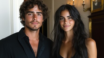 Fototapeta premium A couple stands closely together, both wearing stylish black outfits, in a beautifully decorated room with warm lighting. The man has curly hair, and the woman displays long, dark hair
