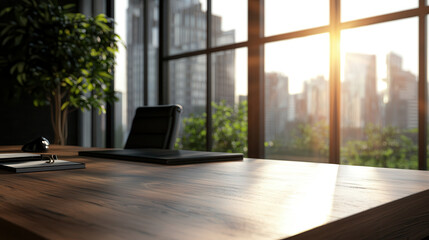 Fototapeta premium modern office desk with view of city skyline, bathed in warm sunlight. scene evokes sense of productivity and inspiration