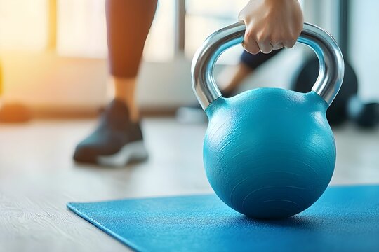 Kettlebell workout in bright fitness studio