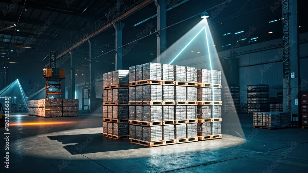 Poster inventory management system and report concept. stacked pallets illuminated in a dark warehouse sett