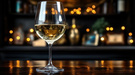 A stemmed glass filled with sparkling white wine is placed on a wooden table. Soft, warm lights and decorative objects create a cozy atmosphere in the background