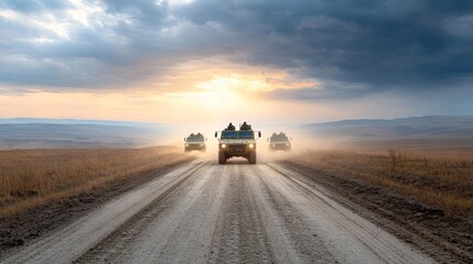 Naklejka premium Three Off-Road Vehicles Navigating a Dusty Trail Under Dramatic Sky During Sunset in a Remote Rural Landscape