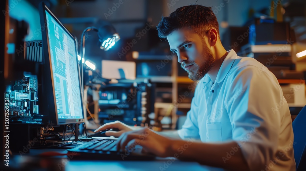 Poster young male programmer coding at a computer in a dimly lit tech workspace during nighttime hours