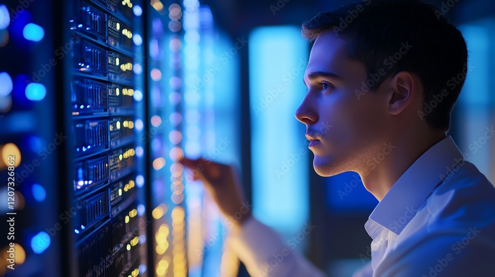 Poster young technician monitors server performance in a modern data center during evening hours