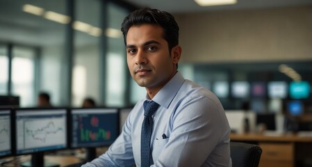Fototapeta premium A handsome South Asian financial trader, confident and sharp, monitors market data on his desktop, keeping track of investments