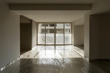 Empty room ready for renovation with plastic cover