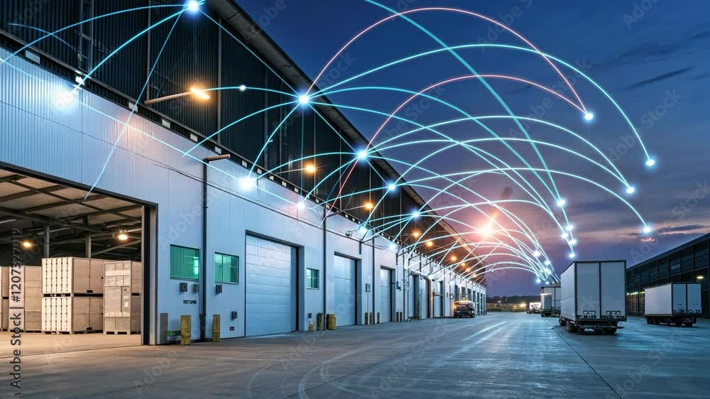 Poster inventory management system and report concept. warehouse at night with illuminated network connecti