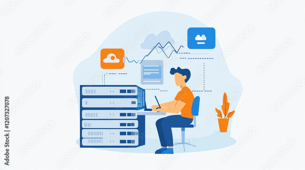 Aufkleber individual working at a computer in an office environment with servers and cloud icons