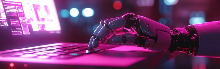 A robotic hand pressing keys on a laptop keyboard, representing AI's role in modern workplaces. Perfect for business articles, AI software ads, and technology presentations.