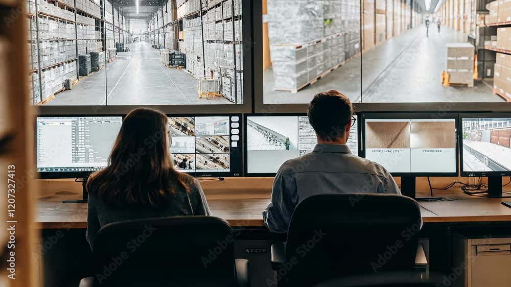 Poster inventory management system and report concept. monitoring warehouse operations from computer screen