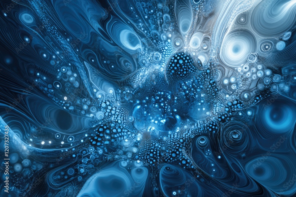 Poster abstract swirling blue fractal art with glowing orbs and textured patterns, creating a cosmic, deep-