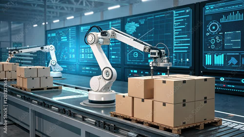 Poster inventory management system and report concept. automated robotic arms in a packaging facility.