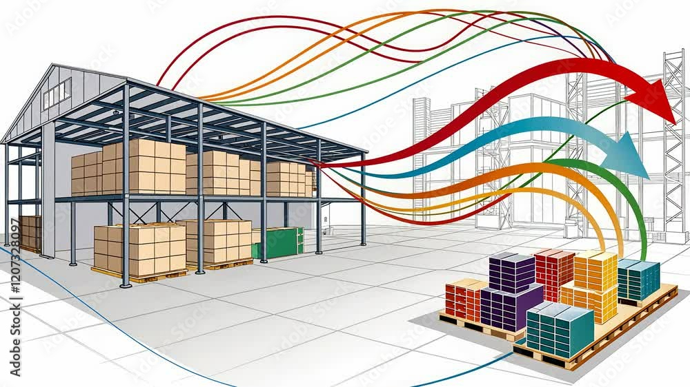 Poster inventory management system and report concept. warehouse logistics with colorful flow lines illustr