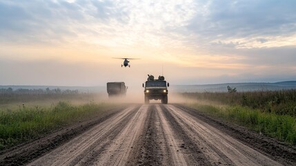 Fototapeta premium Military Operation in Dusty Terrain with Armed Helicopter and Troop Transport Vehicles Against a Beautiful Sunset Backdrop in a Challenging Environment