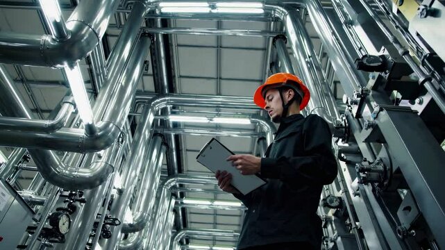 Engineer in bright orange safety helmet inspecting pipeline infrastructure, reviewing technical documentation with concentrated expertise inside industrial complex