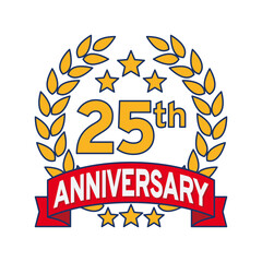 Vector illustration of 25th or 25 years anniversary logo featuring a laurel wreath, stars, and ribbon. Perfect for marking milestones, achievements, special events with an elegant and timeless desi