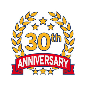 Vector illustration of 30th or 30 years anniversary logo featuring a laurel wreath, stars, and ribbon. Perfect for marking milestones, achievements, special events with an elegant and timeless design