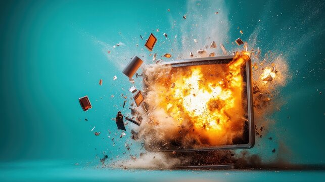 A powerful image captures a television exploding with flames and billowing smoke, expressing a sense of chaos and transformation in the realm of technology and communication.