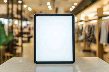 Empty blank white tablet screen standing on the table in fashion store for mock-up