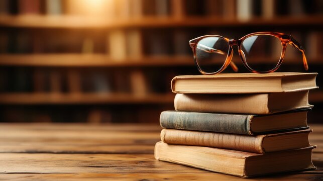 A stack of well-worn books with glasses on top, set against a softly lit library backdrop, inviting viewers into a world of stories and timeless wisdom.