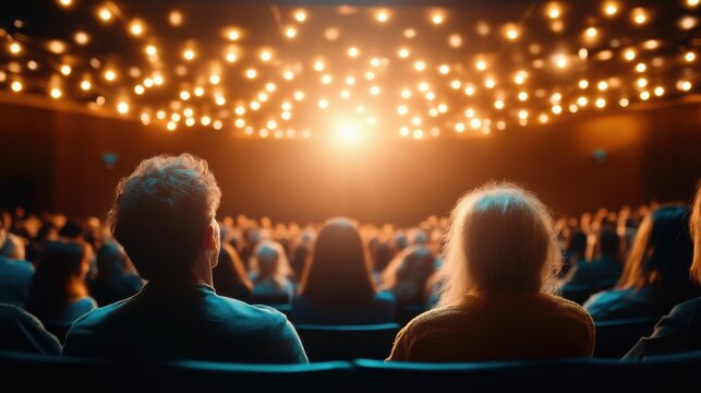 An engaged audience watches a live performance illuminated by glimmering lights, capturing the excitement and emotional connection of a shared cultural experience.