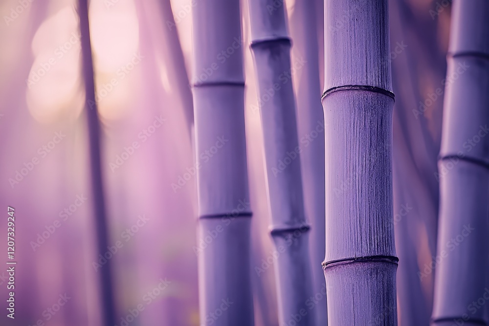 Poster bamboo stalks in a serene forest setting with soft purple hues creating an atmospheric backdrop, per