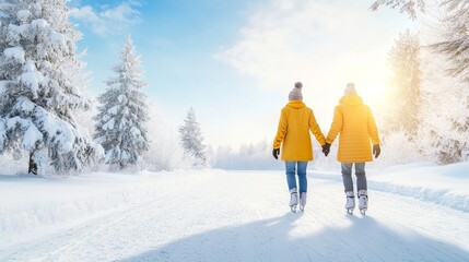 Two Friends Walking Hand in Hand in a Winter Wonderland, Surrounded by Snowy Trees and a Bright Blue Sky, Enjoying a Beautiful Day in Nature