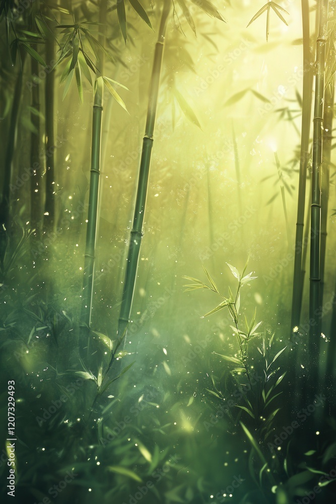 Poster bamboo forest with sunlight filtering through trees, creating a tranquil atmosphere for relaxation o