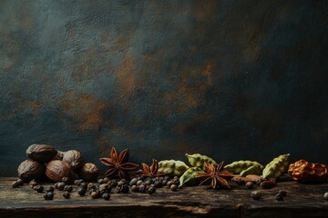 Assortment of aromatic spices on rustic wooden surface, including star anise, cardamom pods, and peppercorns.