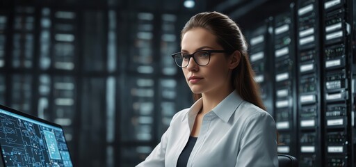 A high-tech 3D environment featuring a female chief technology officer managing cloud computing operations