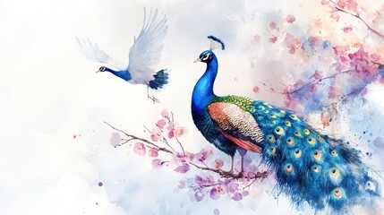 Watercolor Peacock, bird, flying, blossom, branch, spring, art, Asian, design, serenity