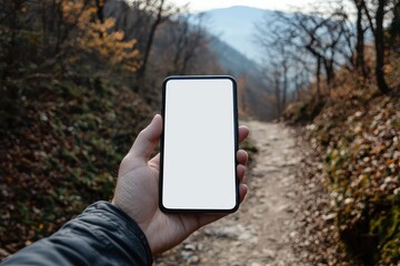 Hand holds smartphone, blank screen, mountain path in background.