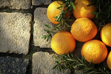 Sun-drenched oranges nestled amongst rosemary sprigs on a rustic stone pathway.