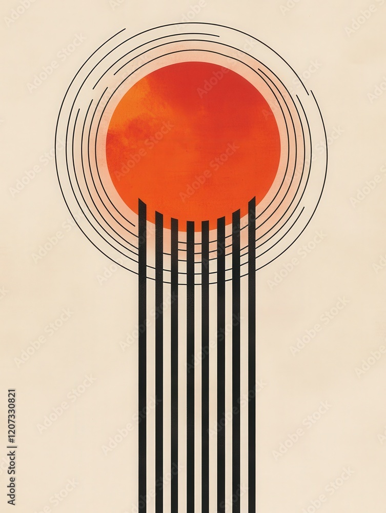 Poster abstract graphic design featuring a red sun with circular lines and vertical stripes, symbolizing en