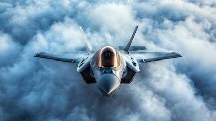 An overhead view of an F-35 jet soaring among clouds, capturing its aerodynamic features and the vastness of the sky that surrounds it.
