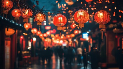 Luminous Red Lanterns Illuminate a Festive Night Street