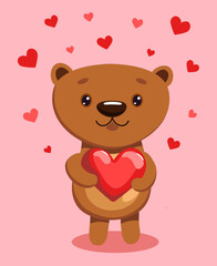 Fototapeta premium The brown bear holds heart in the paws. Children's vector cartoon illustration