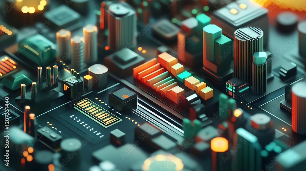 Poster close-up exploration of a vibrant circuit board filled with intricate components and glowing details