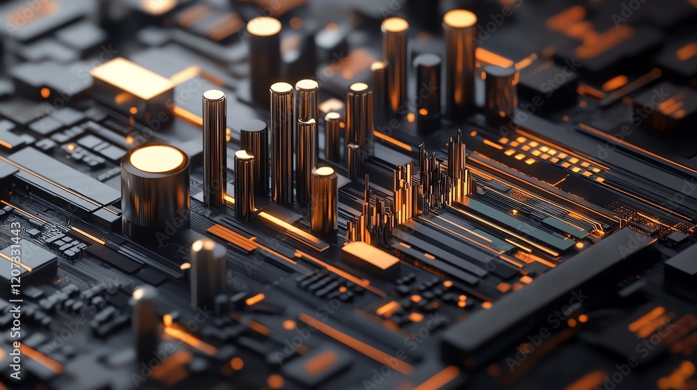 Poster detailed view of a futuristic circuit board with metallic structures and glowing components