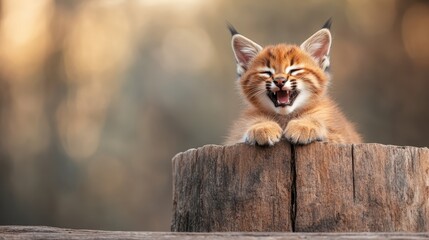 A charming lynx kitten playfully perched on a tree stump, expressing joy with its adorable laughter, showcasing the beauty of wildlife and the innocence of young animals.