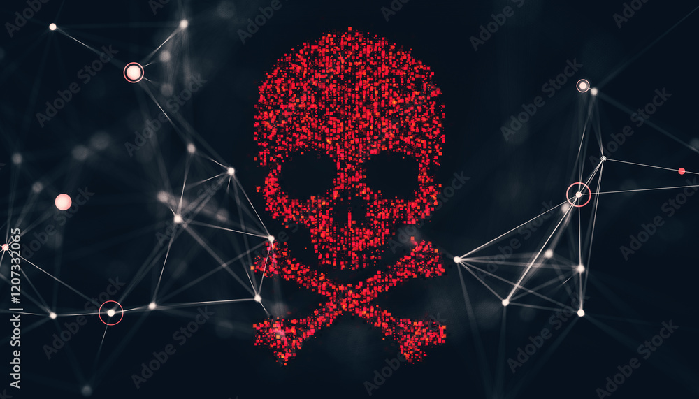 Aufkleber Red digital skull symbol with connected dots and lines on dark background. 3D Rendering