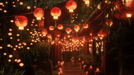 Luminous Pathway of Red Lanterns at Night